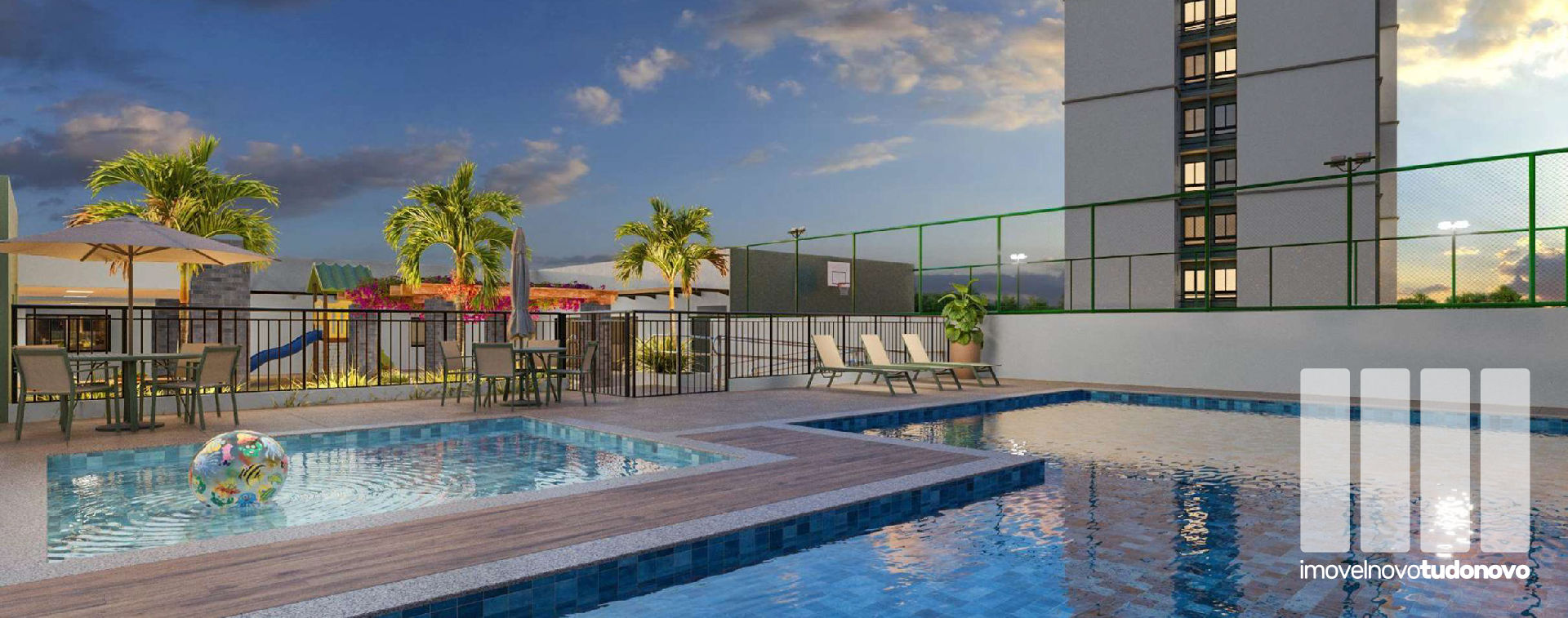 Piscina adulto e infantil com deck