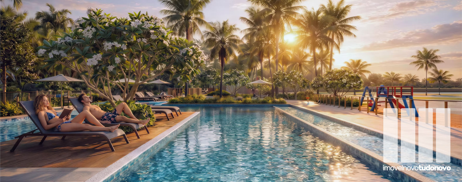 Piscina adulto com raia e vista para o rio